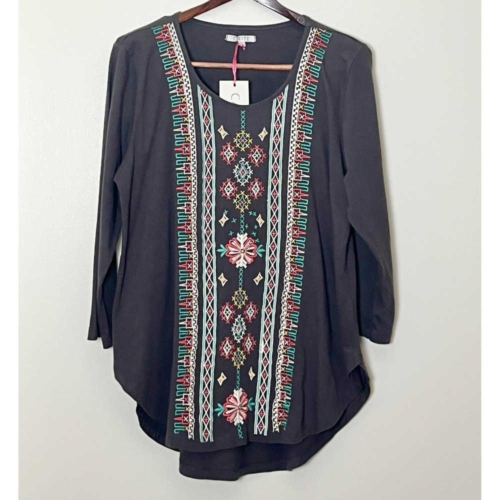 Caite Embroidered Tunic Top Womens XL Charcoal Gray Anthropologie High‎ Low Boho